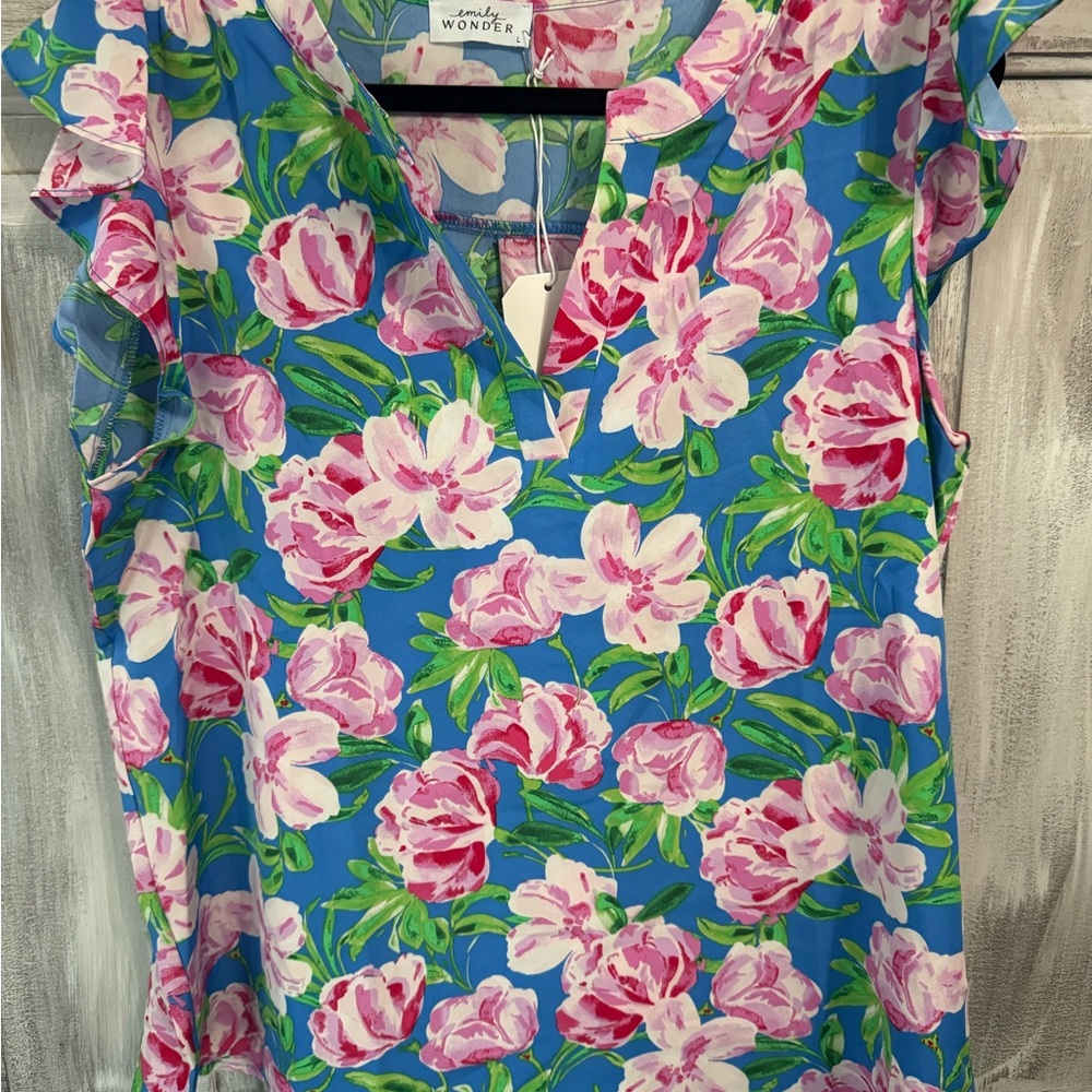 NWT- Women’s Boutique Floral Blue and Pink Women's Top by Emily Wonder